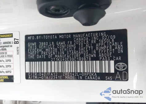 2009 Toyota Matrix z USA, uszkodzony, nr VIN 2T1KU40E99C189878